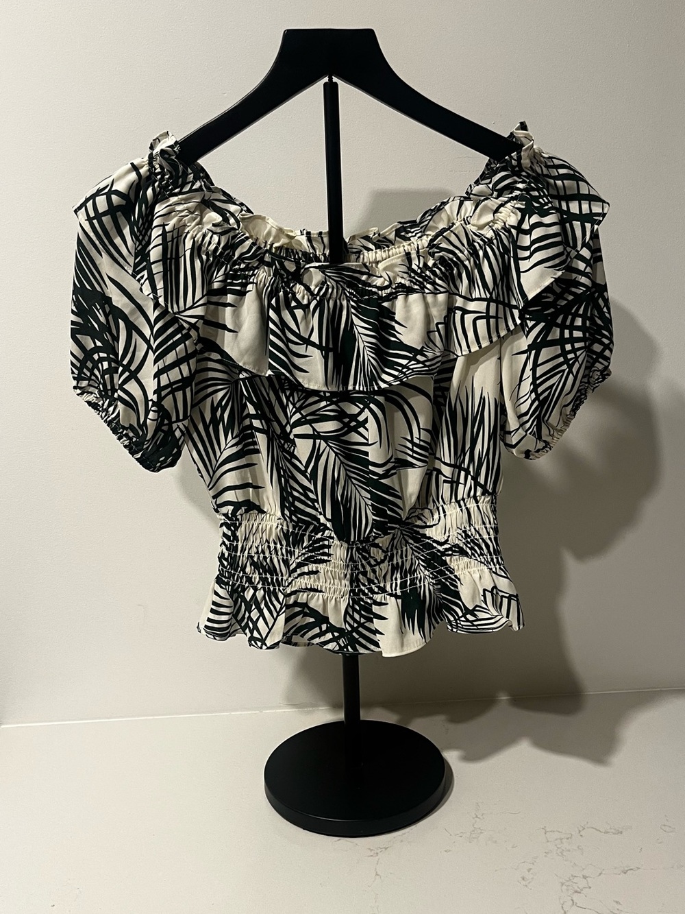 Express Black and White Palm-Print Off-Shoulder Blouse